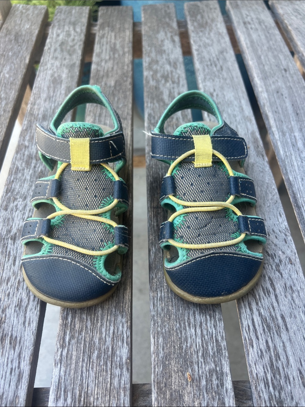 See Kai Run Navy and Green Kids Outdoor Sandals with Yellow Accents